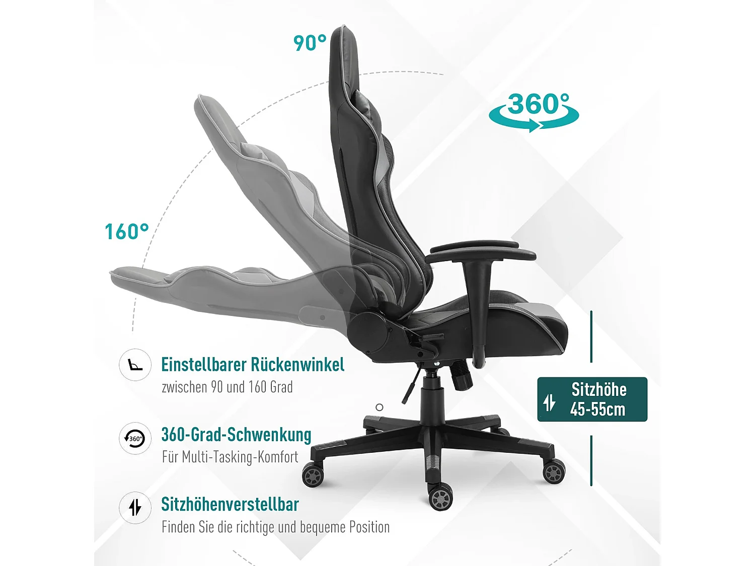 Fauteuil de bureau ergonomique en cuir synthétique, dossier inclinable à 160°, noir (67.5x74x126-136cm)