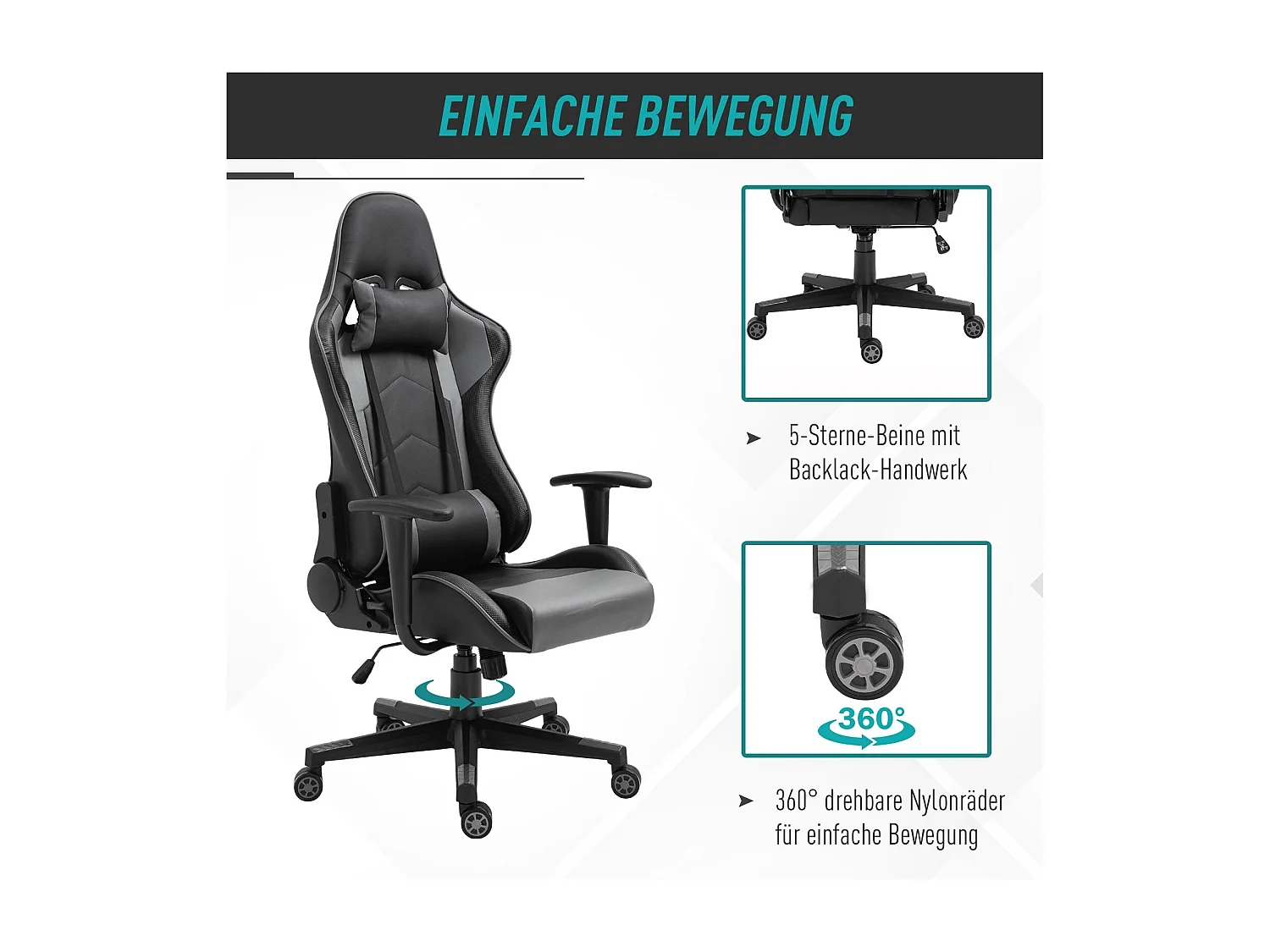 Fauteuil de bureau ergonomique en cuir synthétique, dossier inclinable à 160°, noir (67.5x74x126-136cm)