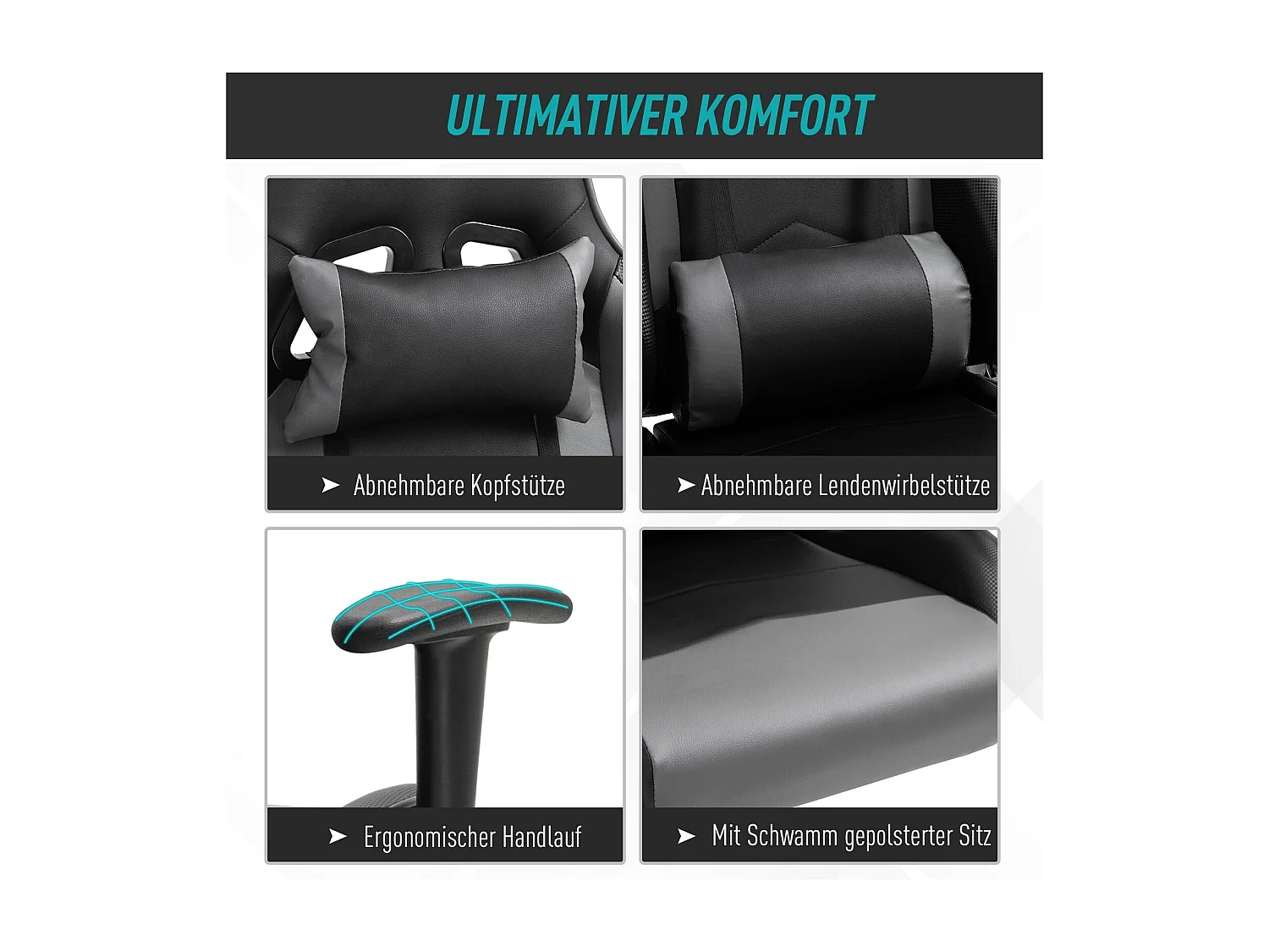 Fauteuil de bureau ergonomique en cuir synthétique, dossier inclinable à 160°, noir (67.5x74x126-136cm)