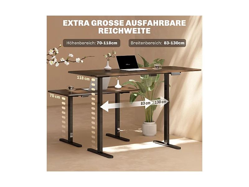 Elektrisch verstelbaar bureauframe, dubbele motor, 3-positie geheugen, zwart staal (83x45x70-118cm)