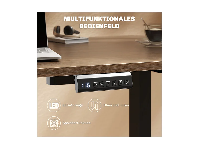 Elektrisch verstelbaar bureauframe, dubbele motor, 3-positie geheugen, zwart staal (83x45x70-118cm)