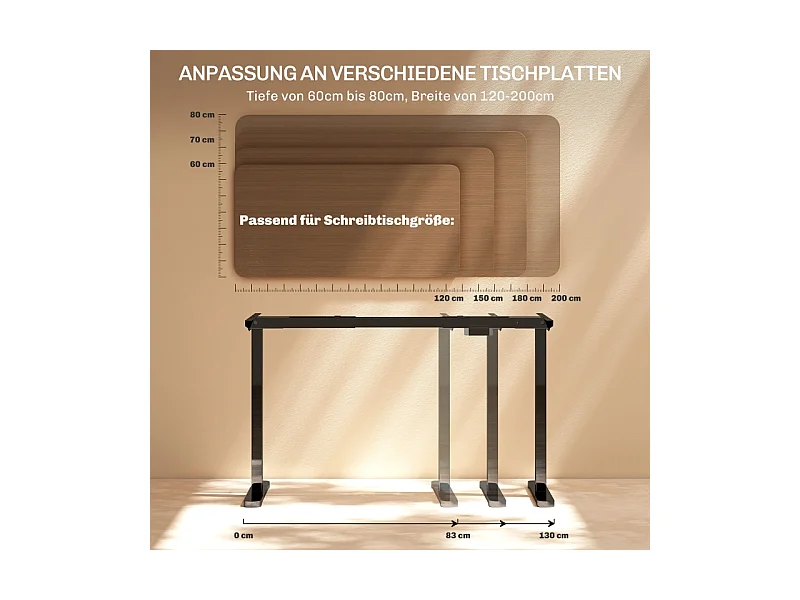Châssis de bureau électrique réglable, double moteur, mémoire 3 positions, acier noir (83x45x70-118cm)