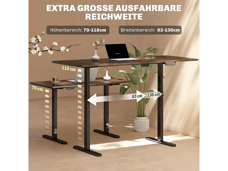 Châssis de bureau électrique réglable, double moteur, mémoire 3 positions, acier noir (83x45x70-118cm)