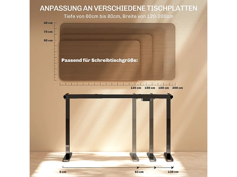 Châssis de bureau électrique réglable, double moteur, mémoire 3 positions, acier noir (83x45x70-118cm)