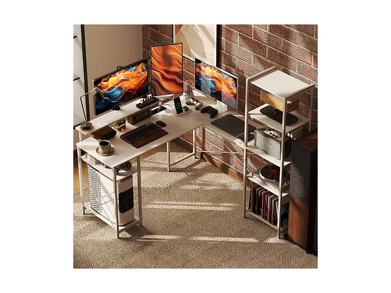 Bureau d'angle avec étagère et prise USB, en bois, blanc (137x140x139.5 cm)