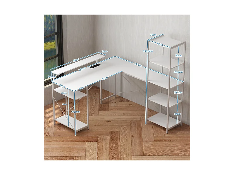 Bureau d'angle avec étagère et prise USB, en bois, blanc (137x140x139.5 cm)