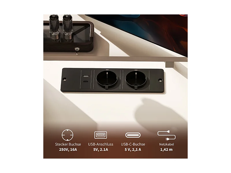 Bureau d'angle avec étagère et prise USB, en bois, blanc (137x140x139.5 cm)