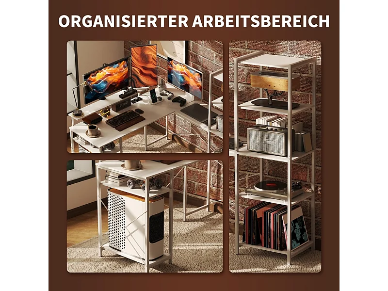 Bureau d'angle avec étagère et prise USB, en bois, blanc (137x140x139.5 cm)