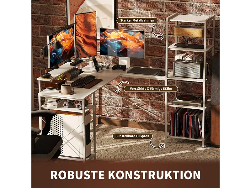 Bureau d'angle avec étagère et prise USB, en bois, blanc (137x140x139.5 cm)