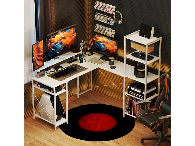 Bureau d'angle avec étagère et prise USB, en bois, blanc (137x140x139.5 cm)