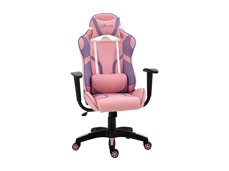 Silla gaming ergonómica con cojín de masaje ajustable, espuma, rosa y morado (69x56x125,5cm)