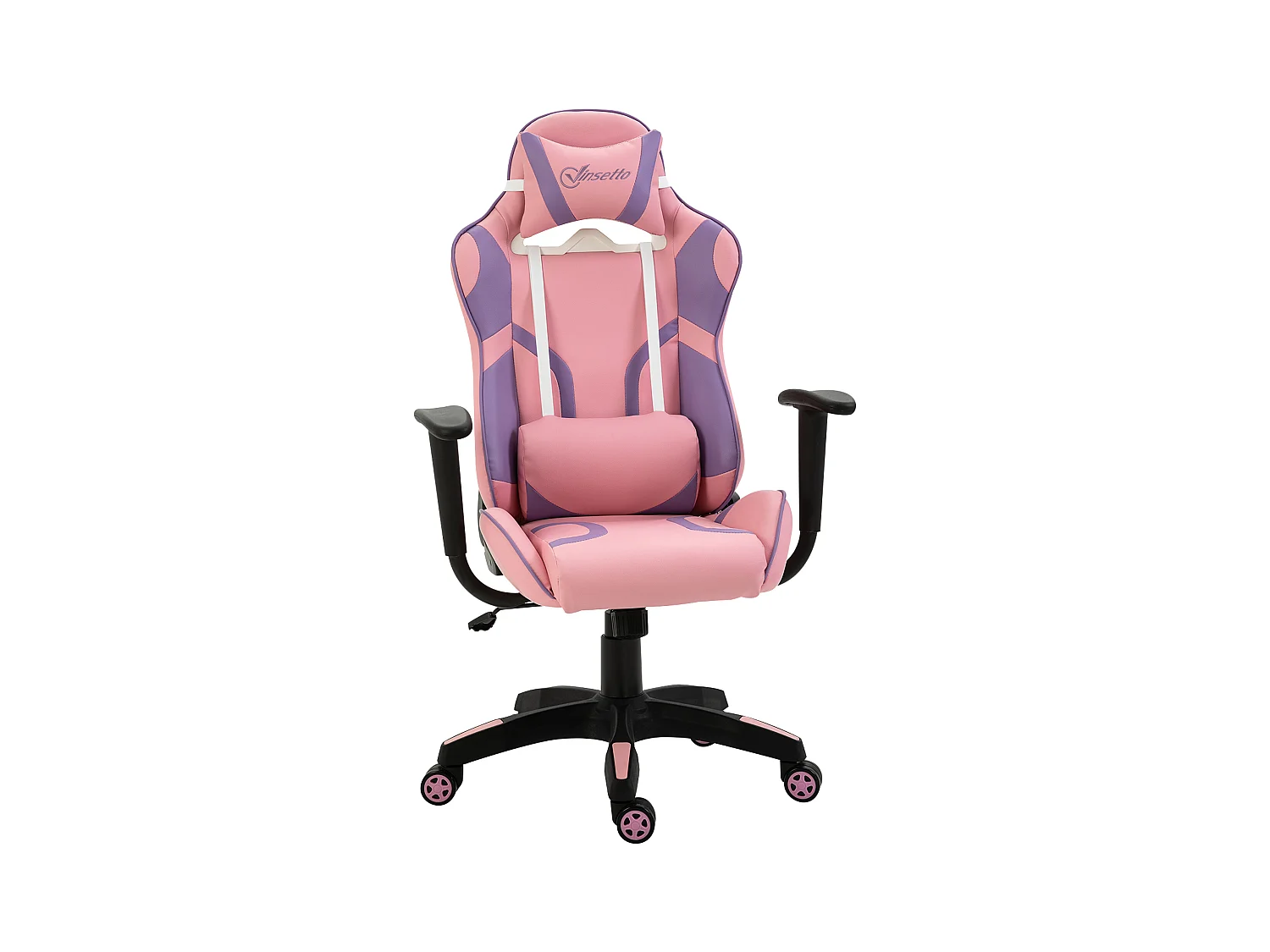 Fauteuil gaming ergonomique avec coussin massage réglable, mousse, rose et violet (69x56x125.5cm)