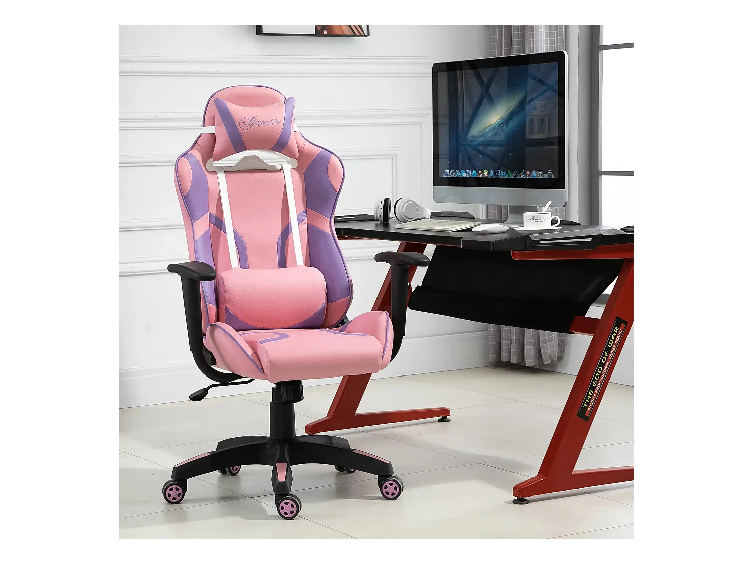 Fauteuil gaming ergonomique avec coussin massage réglable, mousse, rose et violet (69x56x125.5cm)
