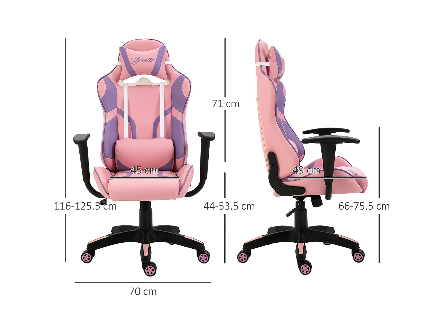 Fauteuil gaming ergonomique avec coussin massage réglable, mousse, rose et violet (69x56x125.5cm)
