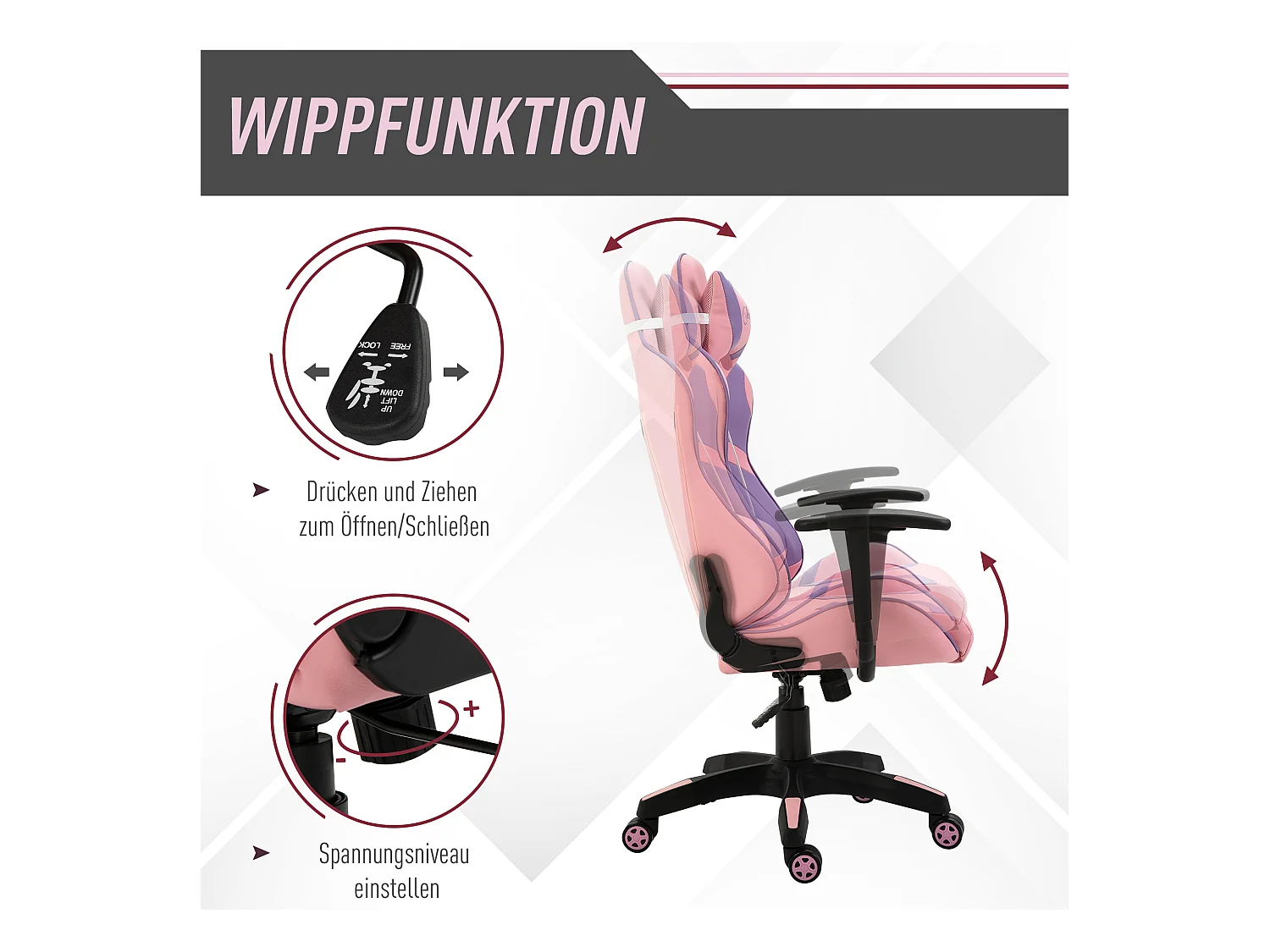 Fauteuil gaming ergonomique avec coussin massage réglable, mousse, rose et violet (69x56x125.5cm)