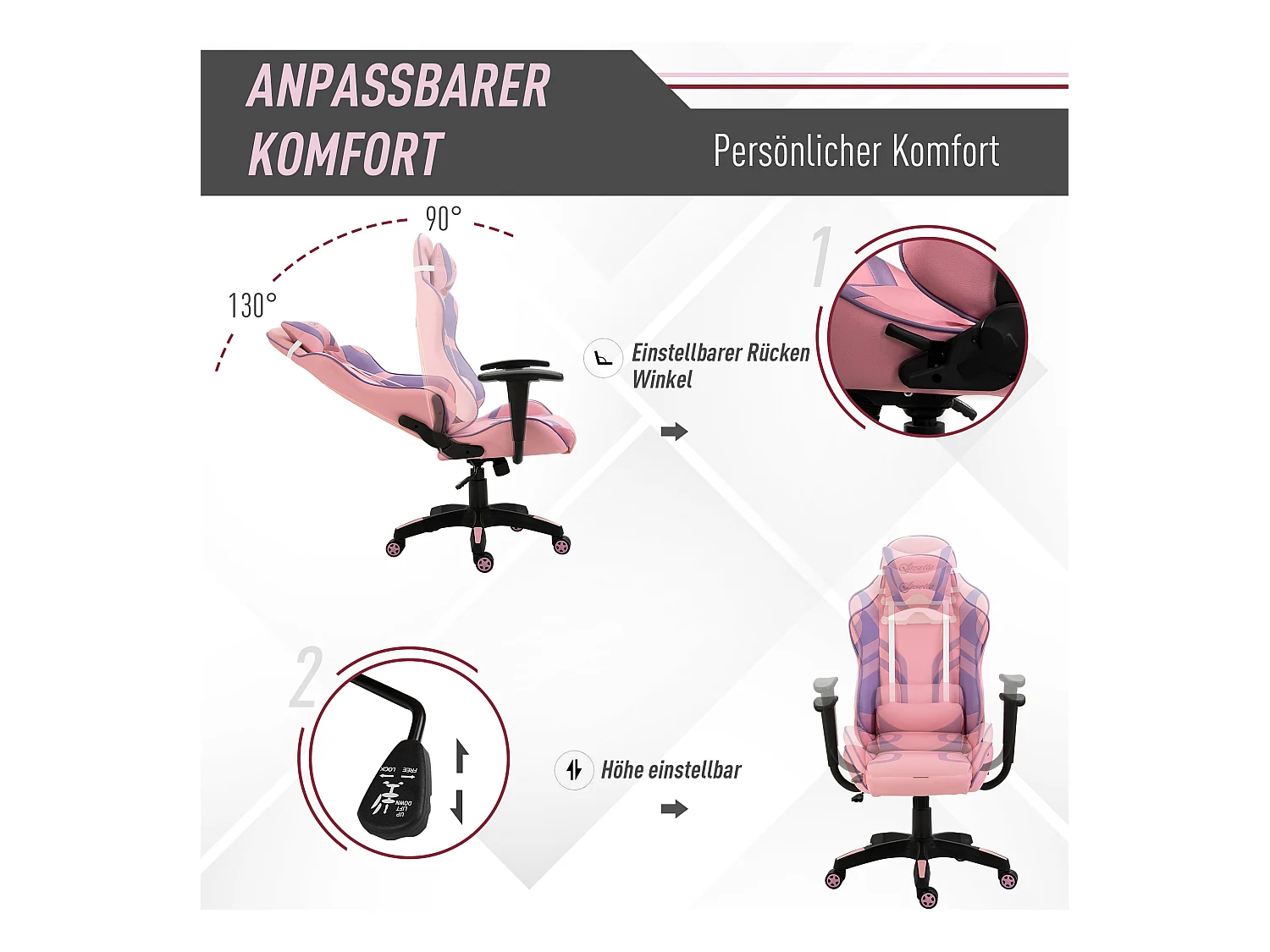 Fauteuil gaming ergonomique avec coussin massage réglable, mousse, rose et violet (69x56x125.5cm)