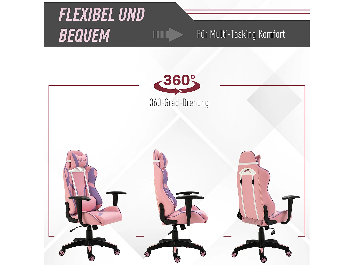 Fauteuil gaming ergonomique avec coussin massage réglable, mousse, rose et violet (69x56x125.5cm)