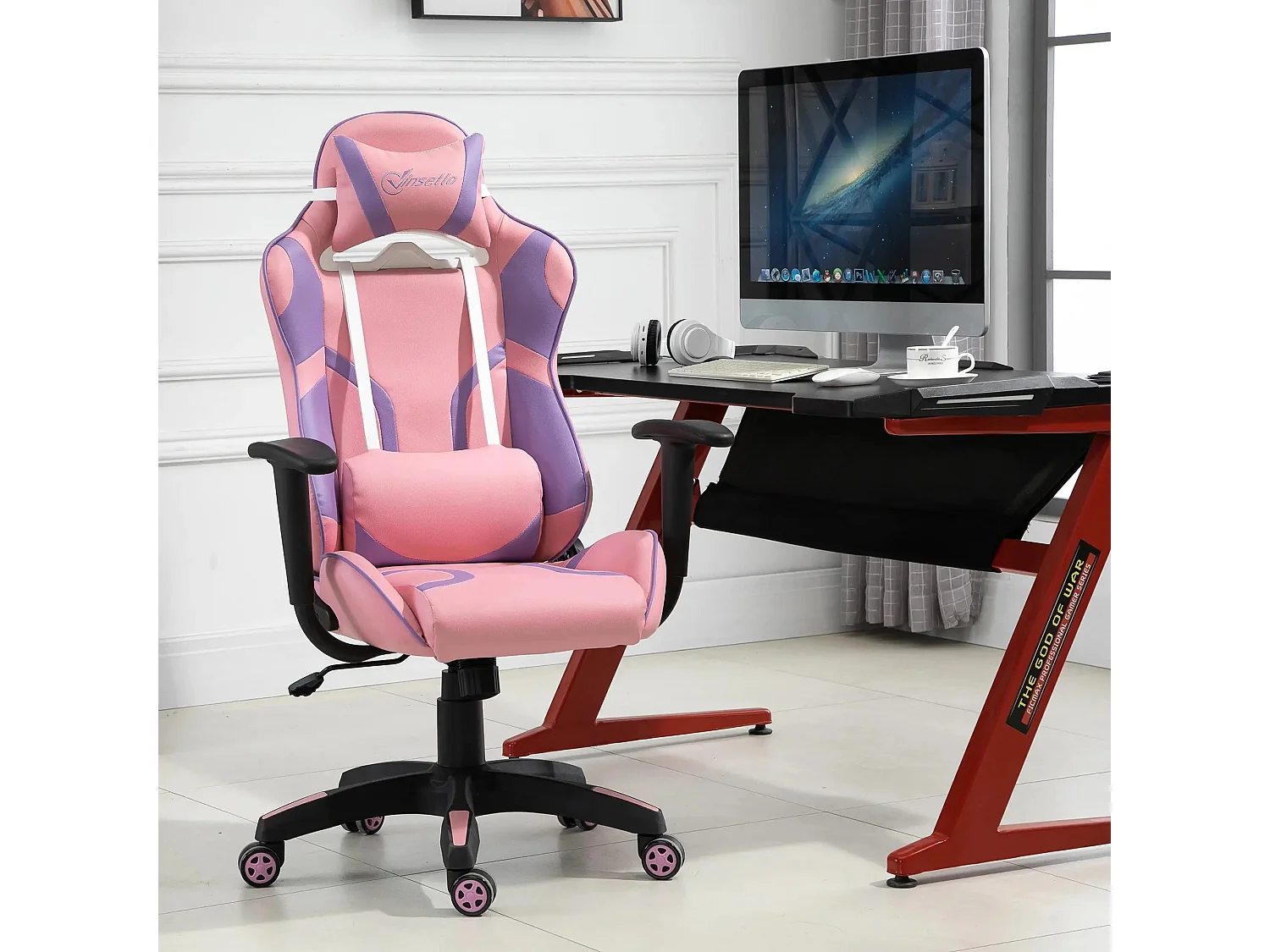 Fauteuil gaming ergonomique avec coussin massage réglable, mousse, rose et violet (69x56x125.5cm)