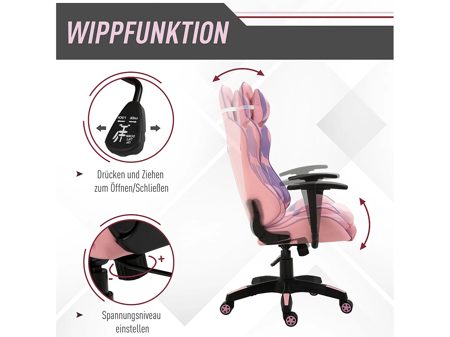 Fauteuil gaming ergonomique avec coussin massage réglable, mousse, rose et violet (69x56x125.5cm)