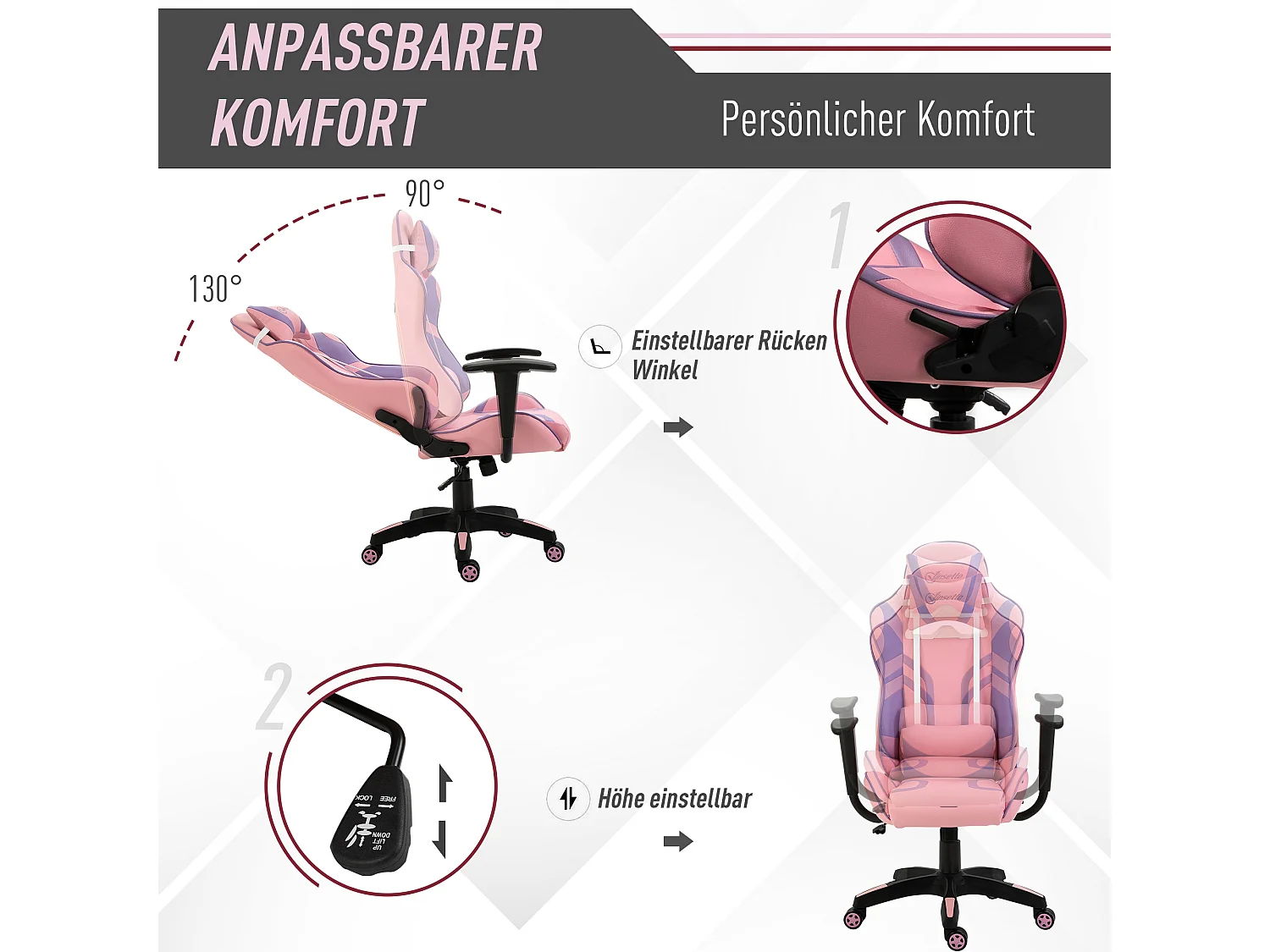 Fauteuil gaming ergonomique avec coussin massage réglable, mousse, rose et violet (69x56x125.5cm)