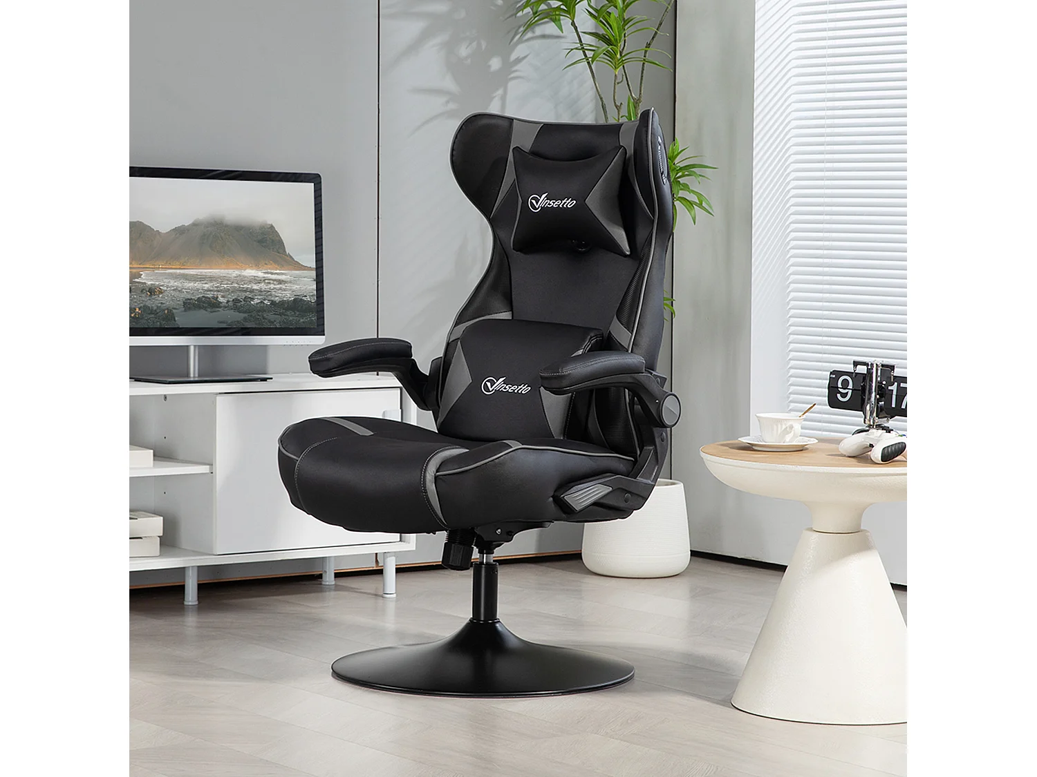 Chaise gaming avec fonction bascule et inclinable, cuir synthétique, noir et gris (69x73x118 cm)