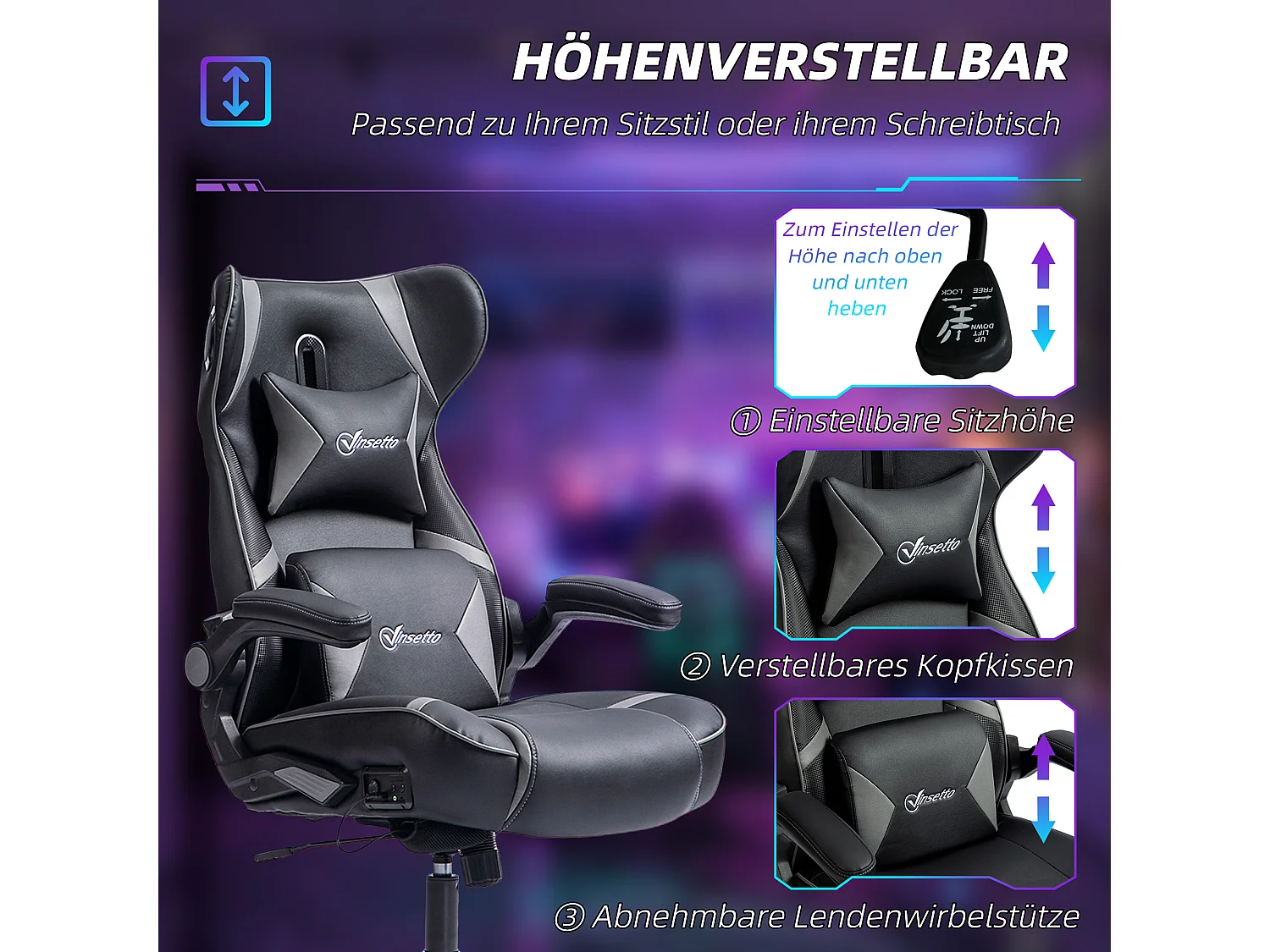 Chaise gaming avec fonction bascule et inclinable, cuir synthétique, noir et gris (69x73x118 cm)