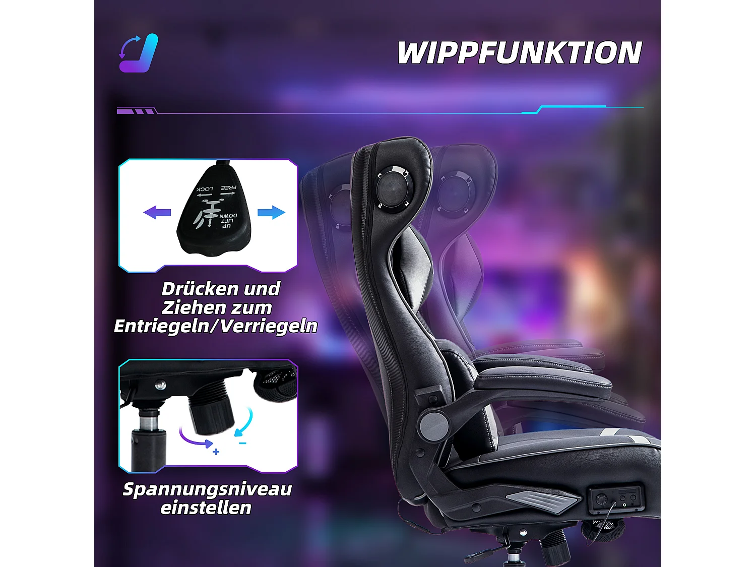 Chaise gaming avec fonction bascule et inclinable, cuir synthétique, noir et gris (69x73x118 cm)