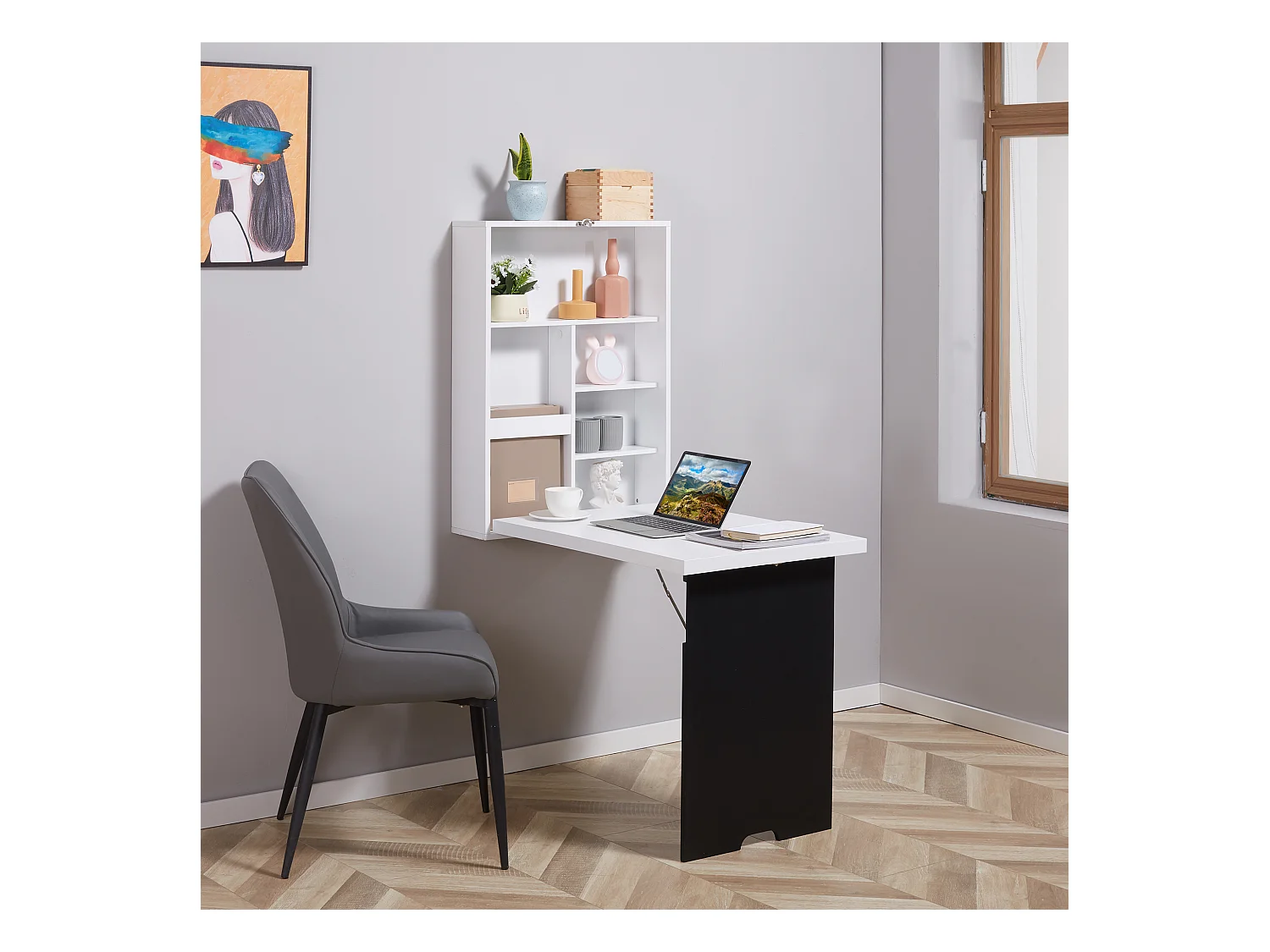 Bureau mural pliant avec 5 compartiments, tableau en blanc et noir, MDF (60x94.5x147 cm)