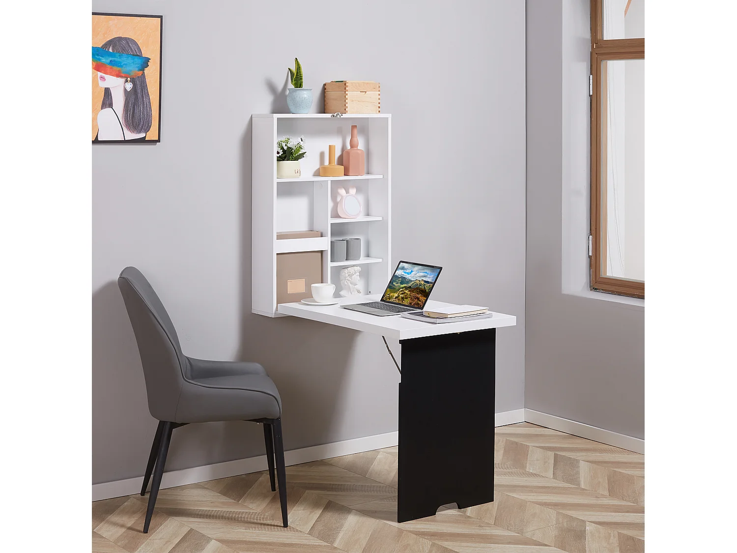 Bureau mural pliant avec 5 compartiments, tableau en blanc et noir, MDF (60x94.5x147 cm)