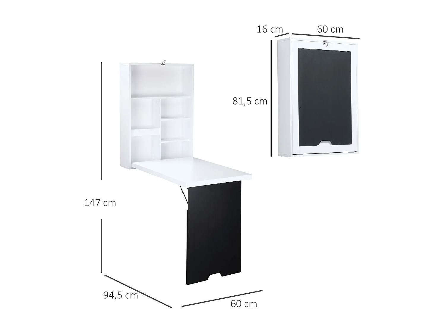 Bureau mural pliant avec 5 compartiments, tableau en blanc et noir, MDF (60x94.5x147 cm)