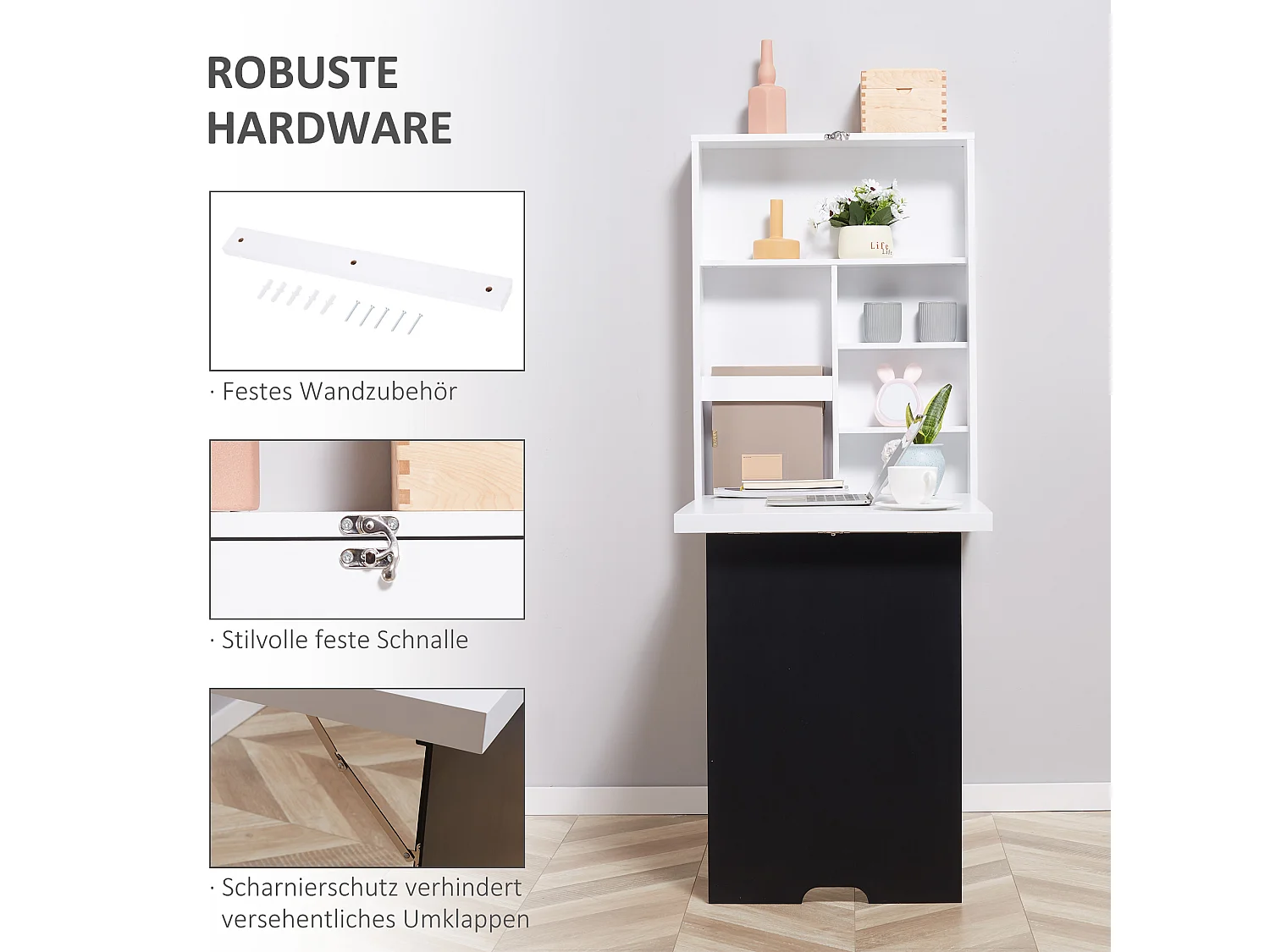 Bureau mural pliant avec 5 compartiments, tableau en blanc et noir, MDF (60x94.5x147 cm)