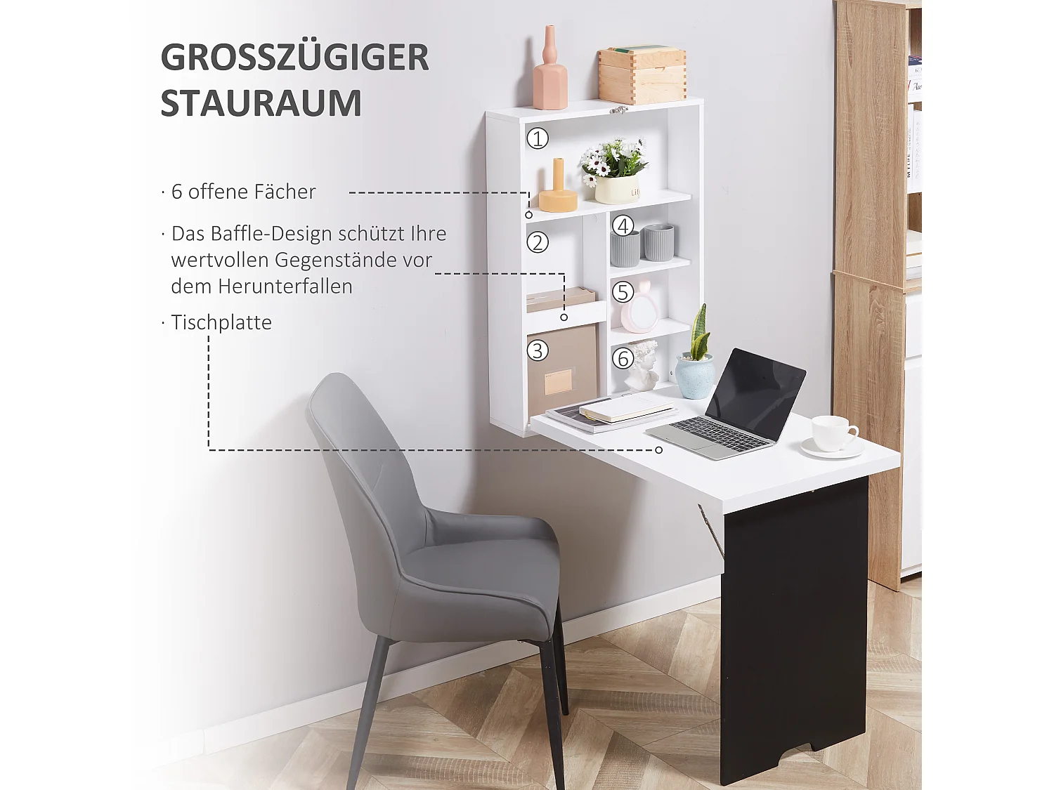 Bureau mural pliant avec 5 compartiments, tableau en blanc et noir, MDF (60x94.5x147 cm)