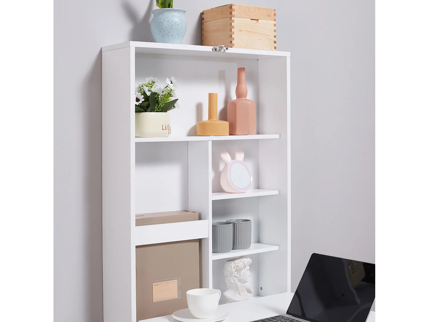 Bureau mural pliant avec 5 compartiments, tableau en blanc et noir, MDF (60x94.5x147 cm)