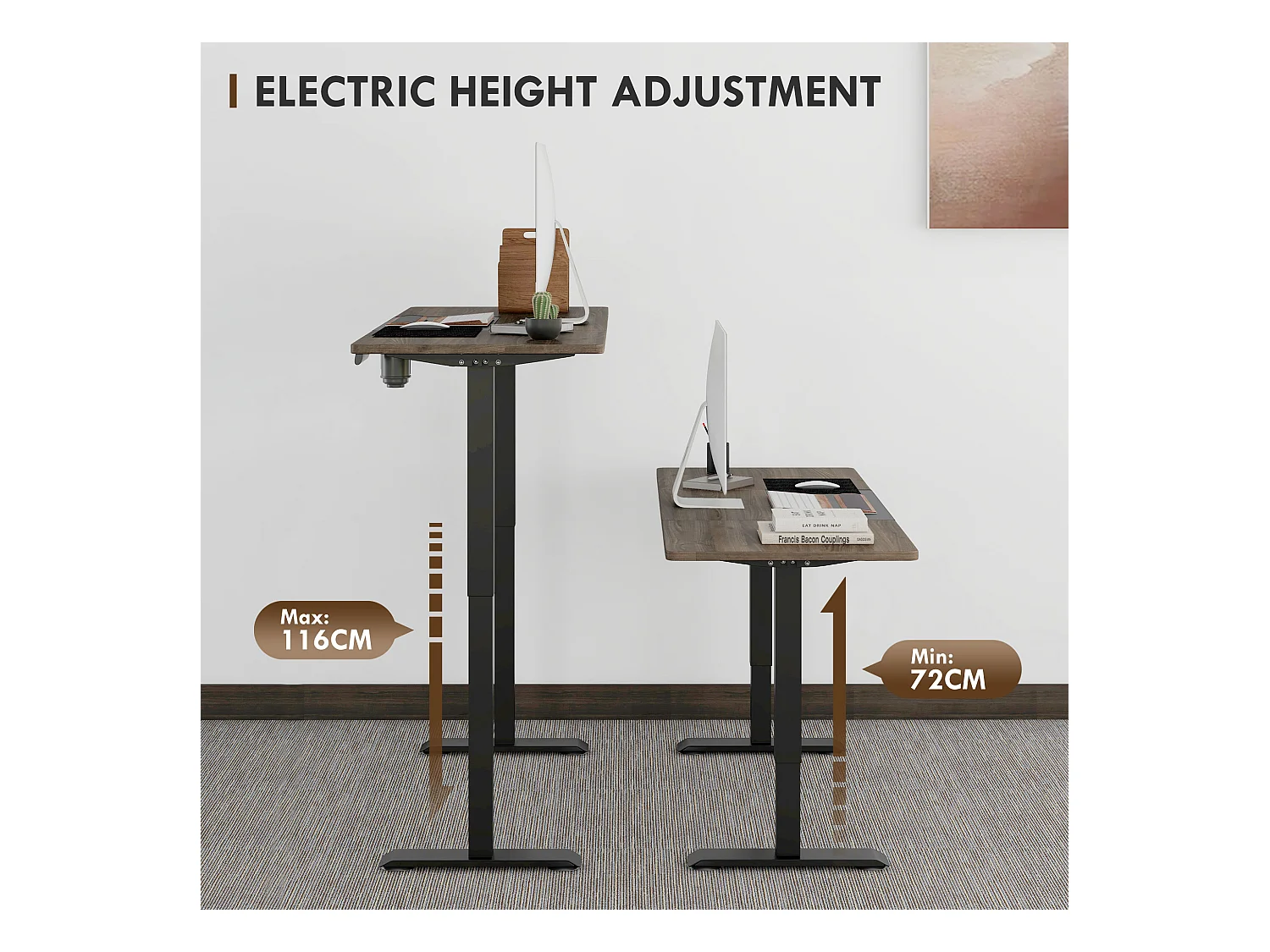 Elektrisch in hoogte verstelbaar bureau, ijzeren constructie, modern design, zwart en naturel (140x70x72-116cm)