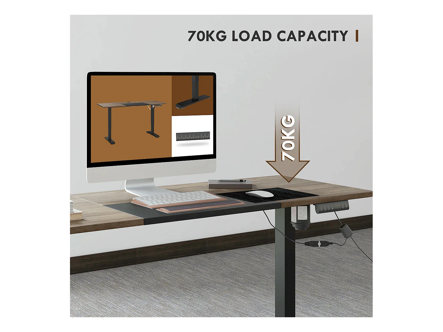 Elektrisch in hoogte verstelbaar bureau, ijzeren constructie, modern design, zwart en naturel (140x70x72-116cm)