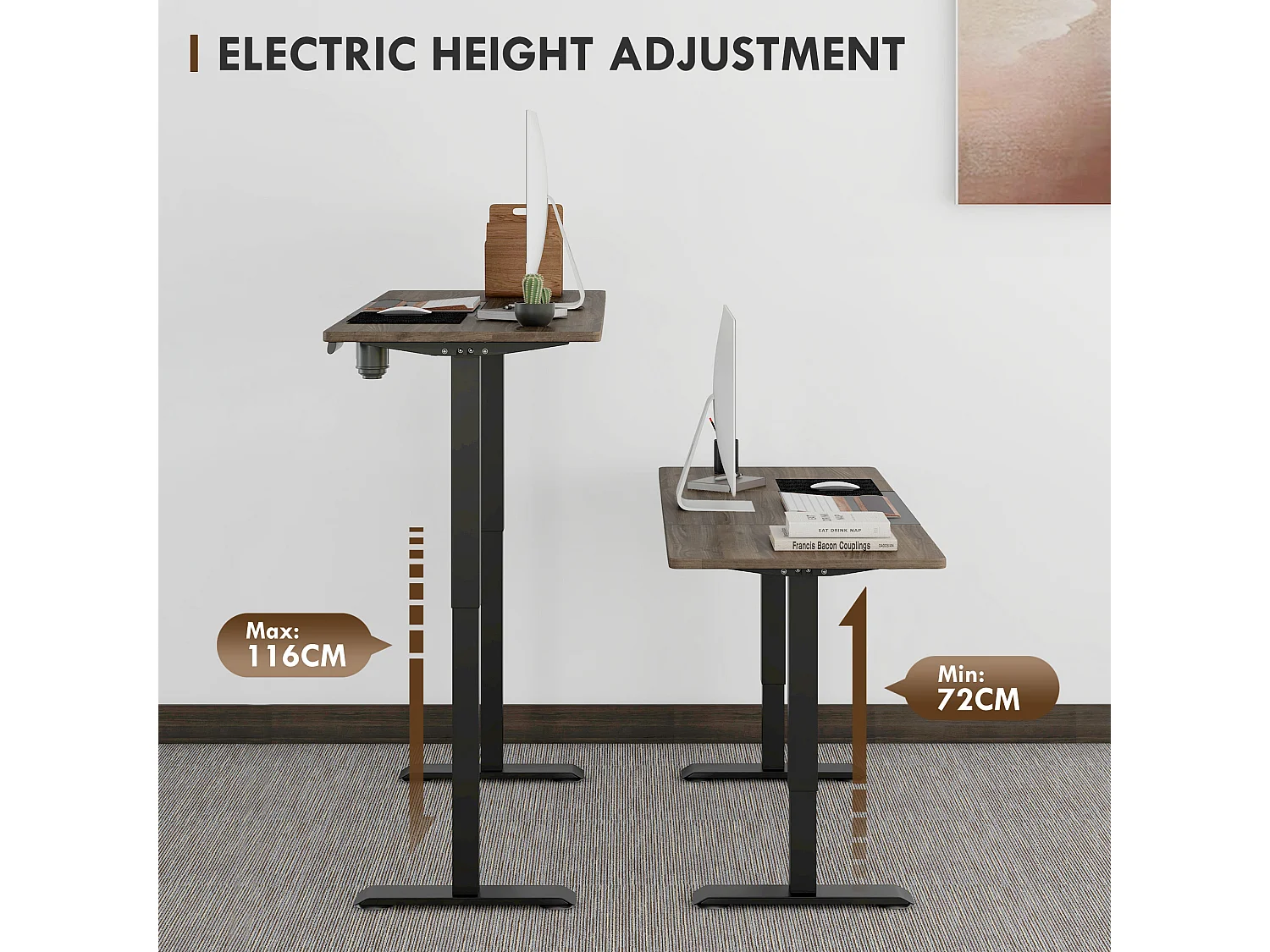 Escritorio eléctrico regulable en altura, estructura de hierro, diseño moderno, color negro y natural (140x70x72-116cm)