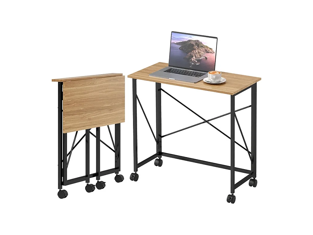 Bureau pliable avec roulettes, design compact, MDF, chêne (80x40x75 cm)