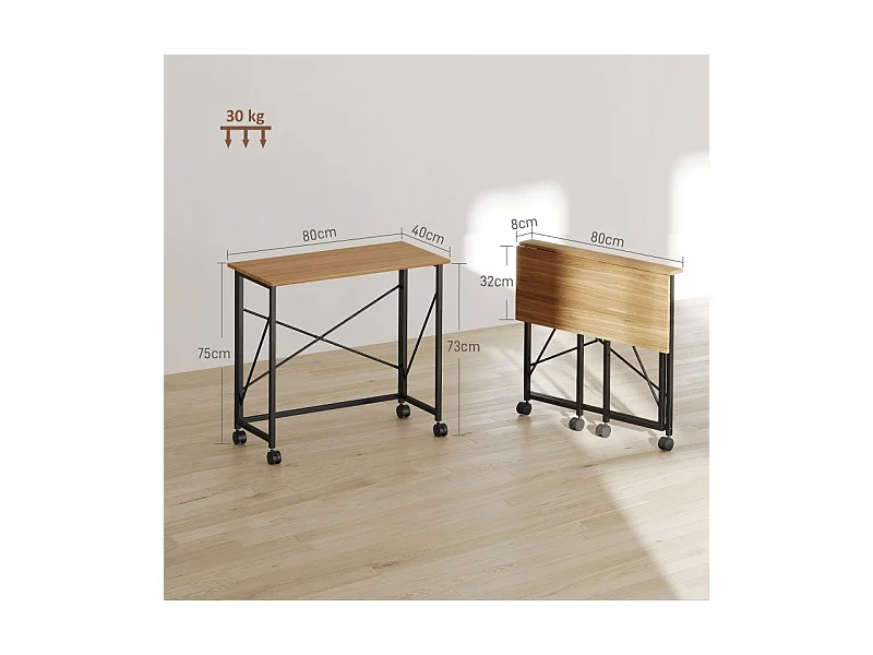 Bureau pliable avec roulettes, design compact, MDF, chêne (80x40x75 cm)