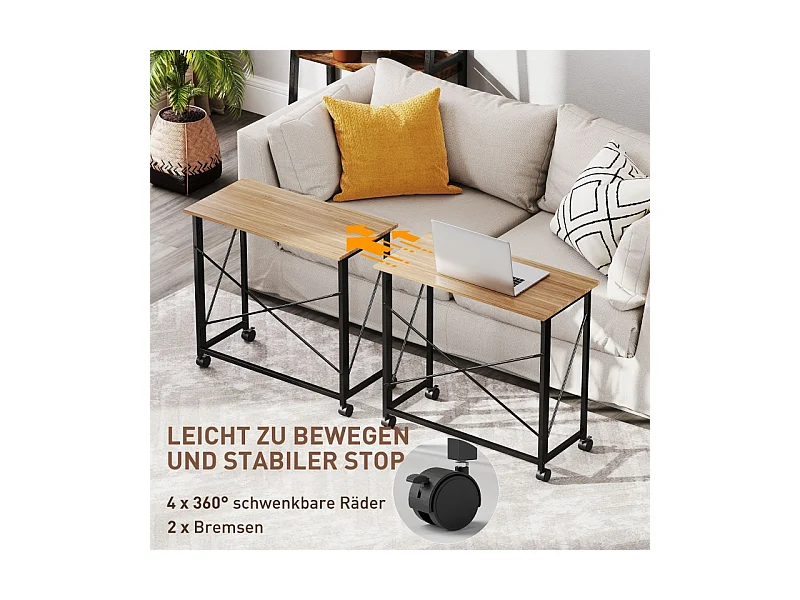 Bureau pliable avec roulettes, design compact, MDF, chêne (80x40x75 cm)