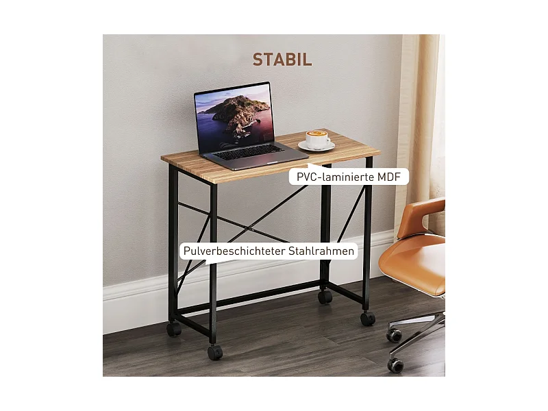 Bureau pliable avec roulettes, design compact, MDF, chêne (80x40x75 cm)
