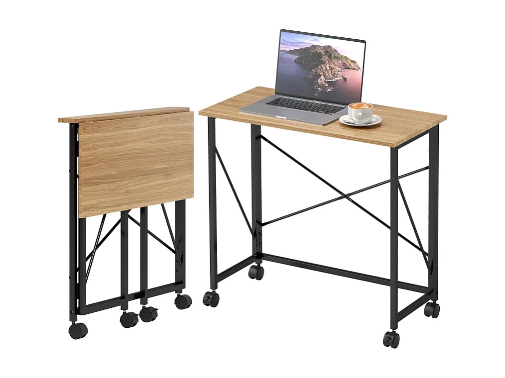 Bureau pliable avec roulettes, design compact, MDF, chêne (80x40x75 cm)