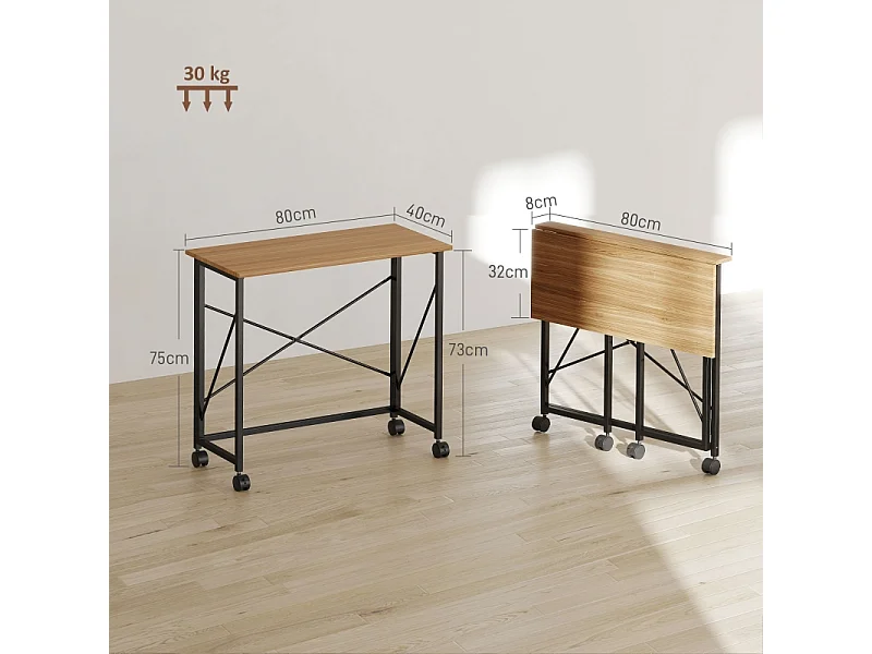 Bureau pliable avec roulettes, design compact, MDF, chêne (80x40x75 cm)