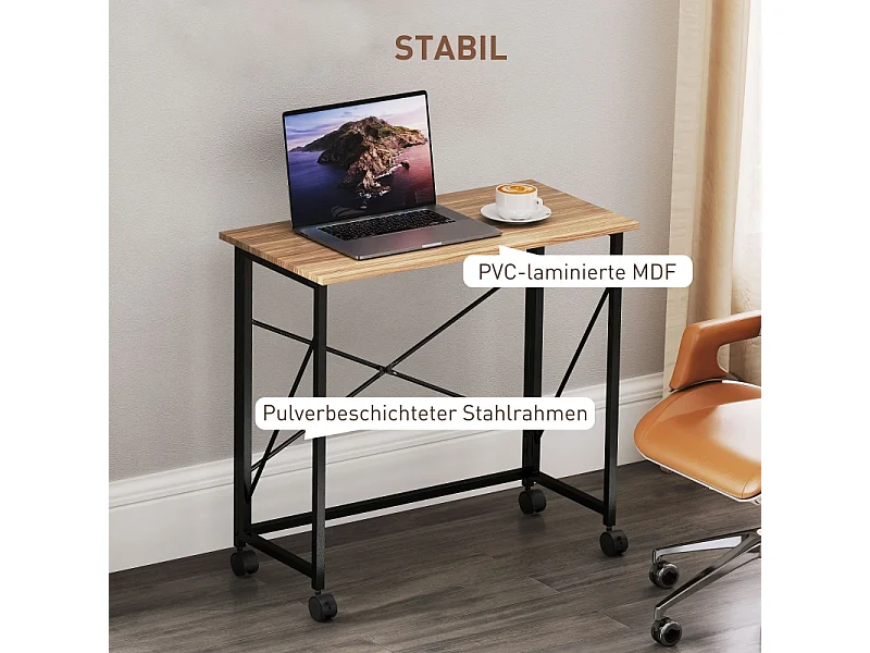 Bureau pliable avec roulettes, design compact, MDF, chêne (80x40x75 cm)