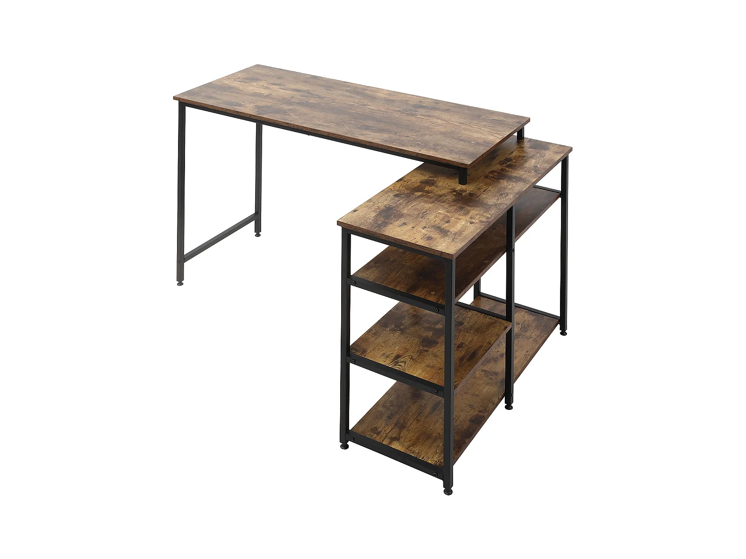 L-vormig hoekbureau met planken en lade, metaal, hout, bruin (135x90x79 cm)