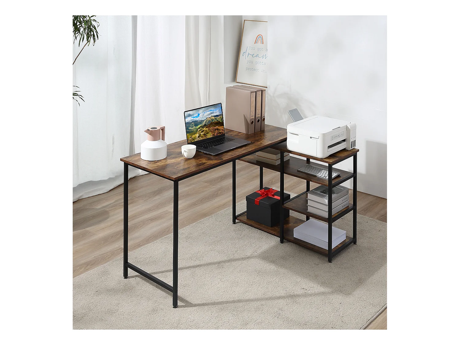 L-vormig hoekbureau met planken en lade, metaal, hout, bruin (135x90x79 cm)