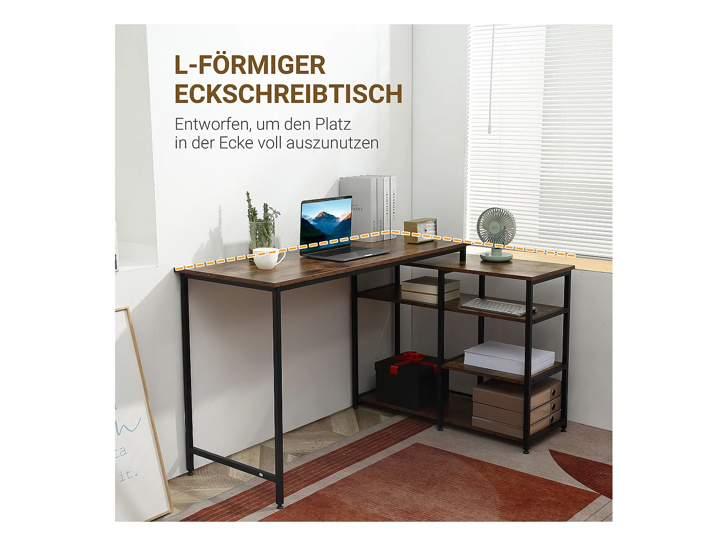 L-vormig hoekbureau met planken en lade, metaal, hout, bruin (135x90x79 cm)