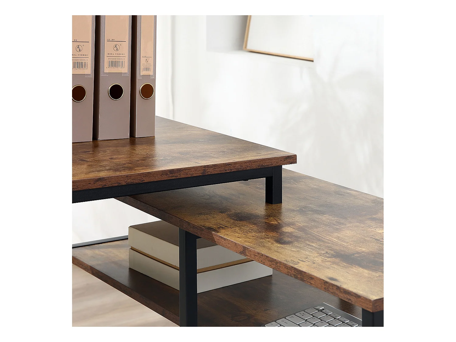 L-vormig hoekbureau met planken en lade, metaal, hout, bruin (135x90x79 cm)