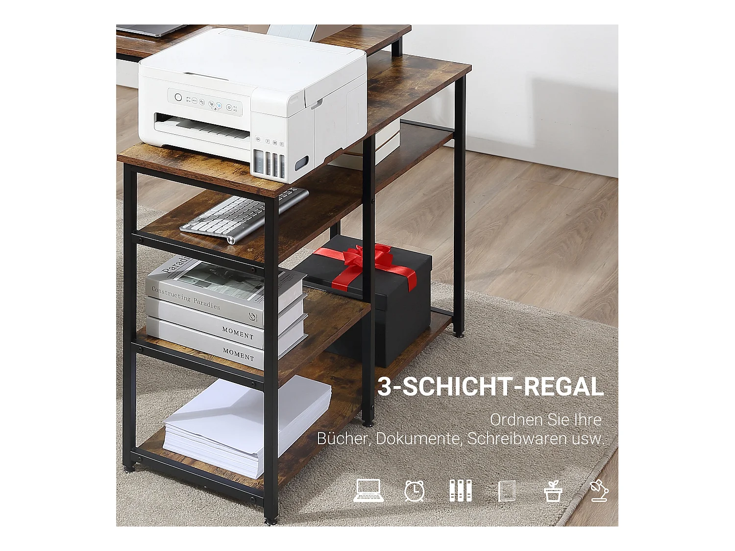 Bureau d'angle L, avec étagères et tiroir, métal, bois, marron (135x90x79 cm)