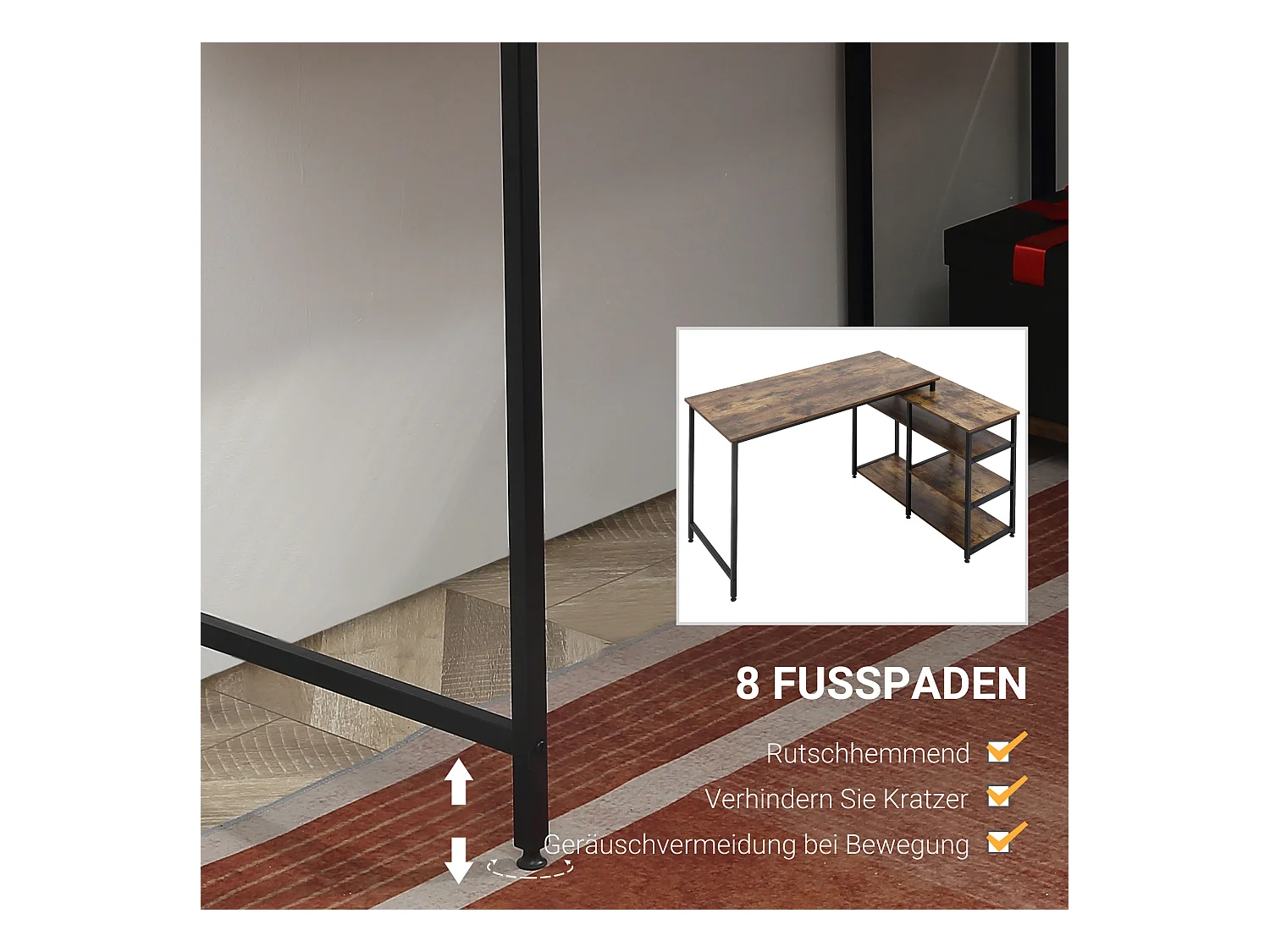 Bureau d'angle L, avec étagères et tiroir, métal, bois, marron (135x90x79 cm)