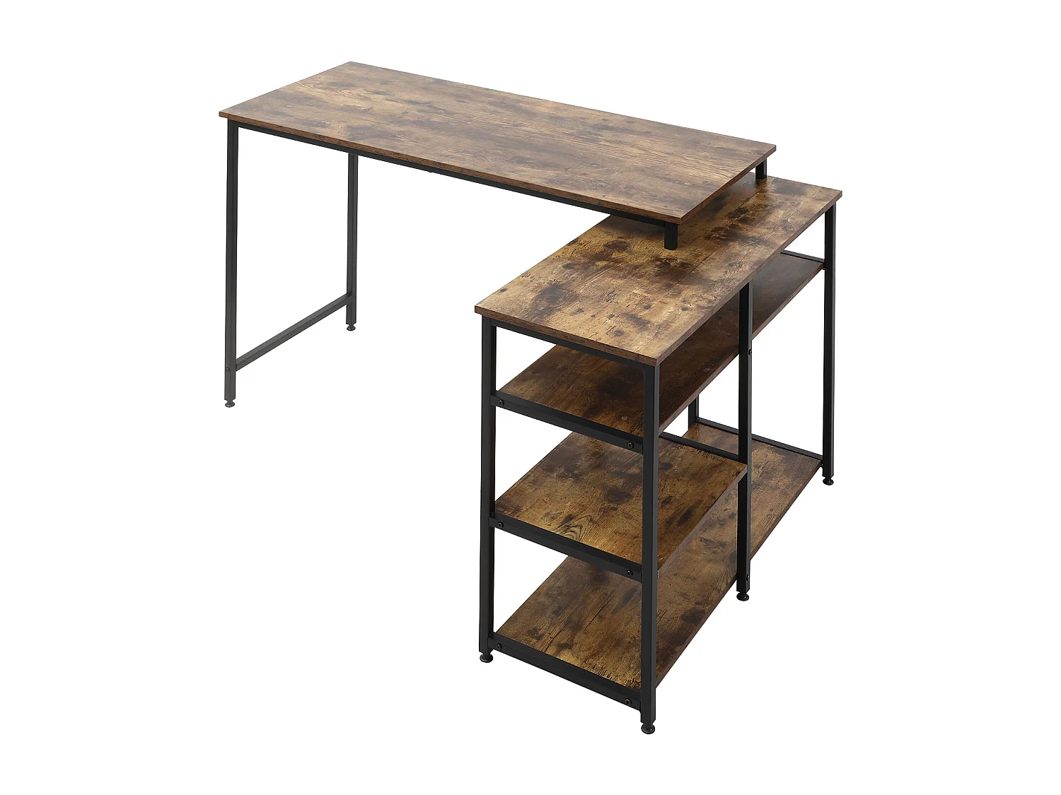 Bureau d'angle L, avec étagères et tiroir, métal, bois, marron (135x90x79 cm)